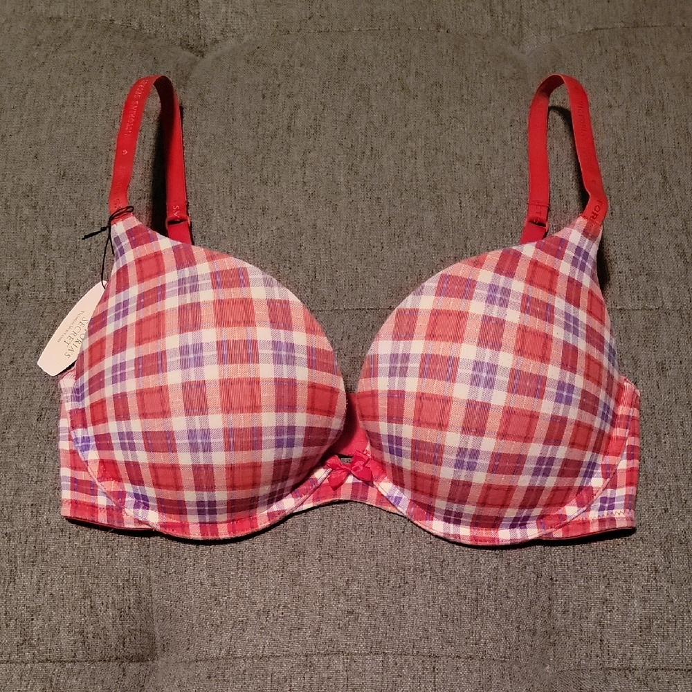 VTG Victoria's Secret Holiday Plaid Cotton T-Shirt Push Up Bra 34D 2013